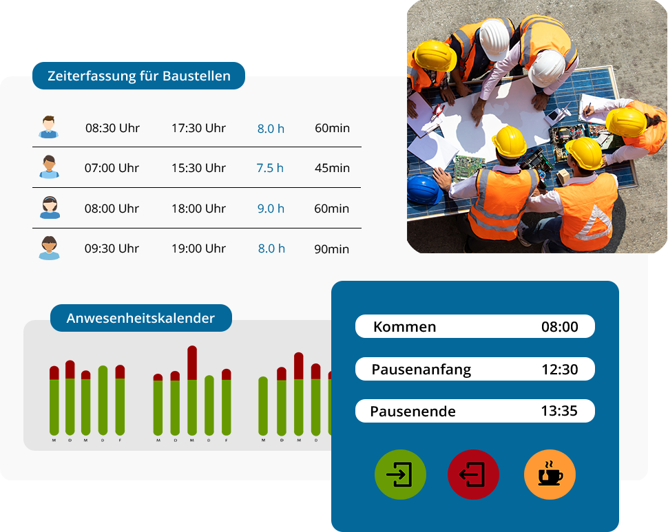 Übersicht einer mobilen Zeiterfassung für Bauarbeiter mit Arbeitszeiten, Pausenübersicht und Anwesenheitskalender