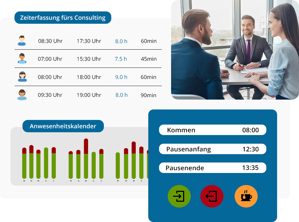 Mitarbeiter im Außendienst nutzt eine mobile Lösung zur Zeiterfassung mit Anwesenheitsübersicht und Pausenverwaltung. 