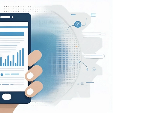 Eine Hand hält ein Smartphone, das ein Diagramm und Daten anzeigt, vor einem technischen Hintergrund.