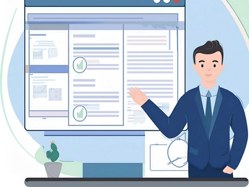 Geschäftsmann vor einer Präsentation mit einem großen Display, das Informationen und Diagramme zeigt.