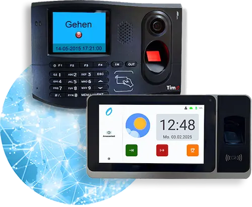 Digitale Tools für Zeiterfassung und Projektmanagement auf Laptop und Smartphone mit Gantt-Planung im Hintergrund.