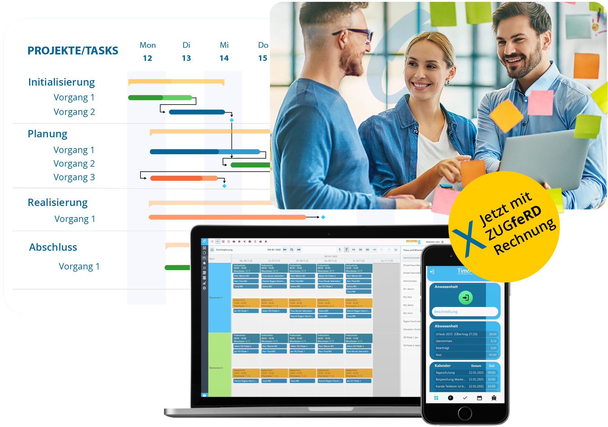 Digitale Tools für Zeiterfassung und Projektmanagement auf Laptop und Smartphone mit Gantt-Planung im Hintergrund.