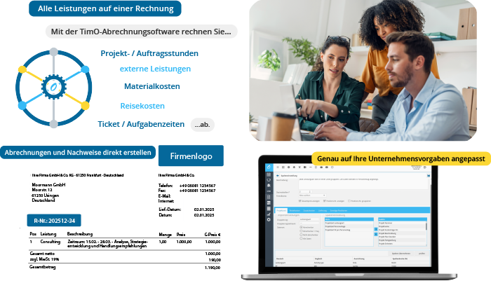 Visualisierung einer Abrechnungssoftware mit Funktionen zur Projektabrechnung und individuellen Firmenvorgaben. 