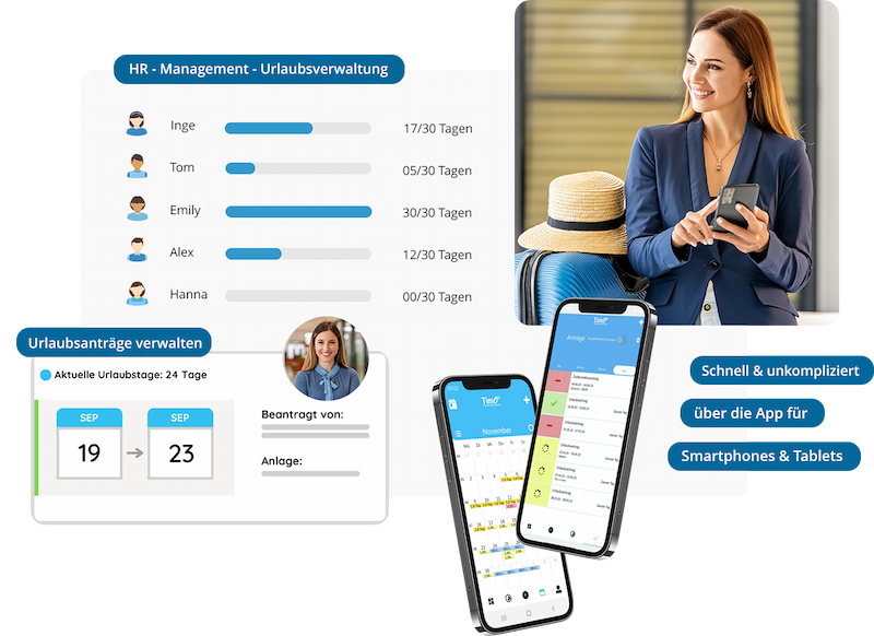 Darstellung einer Urlaubsplaner-App mit Mitarbeiterübersicht, Urlaubsanträgen und Kalenderansicht