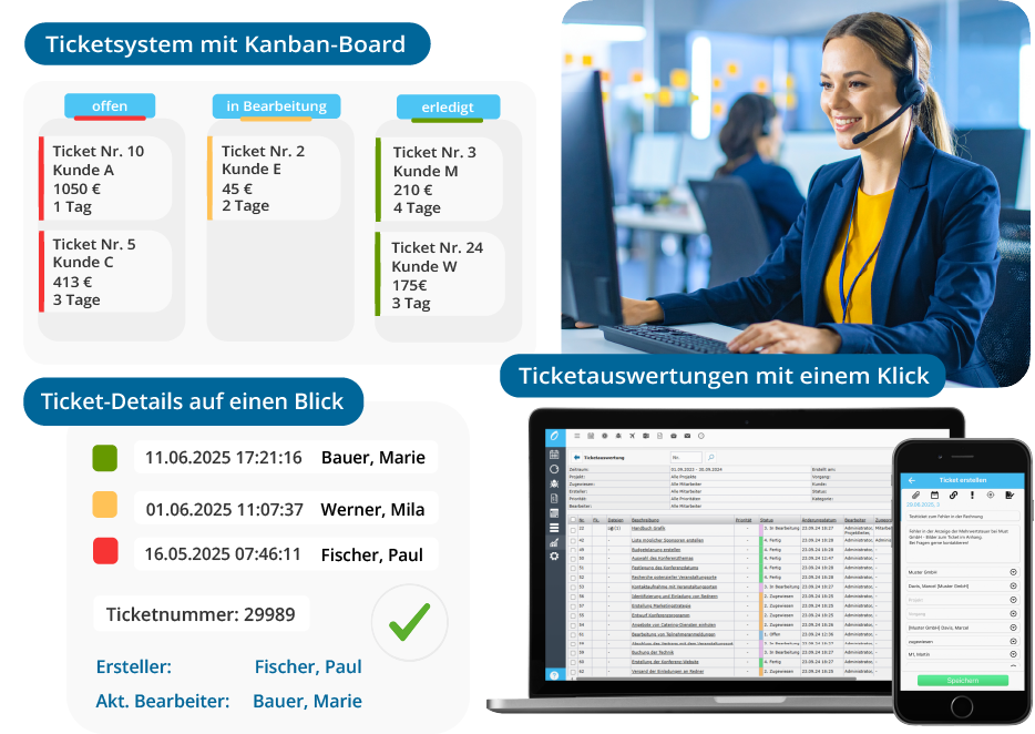 Übersichtliche Darstellung von Tickets, zur Bearbeitung von Anfragen, Tickets, Issues. 