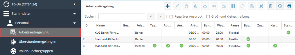 Stammdaten Personal Arbeitszeitregelung