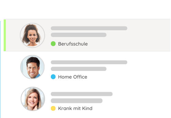 Eine Mitarbeiterübersicht in der Urlaubsplaner-App listet verschiedene Abwesenheiten wie Home Office, Berufsschule und Krank mit Kind mit zugehörigen Profilbildern.