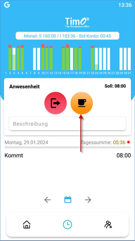 Paus in App Tagesübersicht