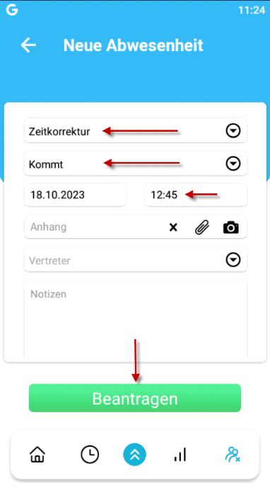 Timo App Antrag Zeitkorrektur ausbildung zeiterfassung kommt gehen mit Zeit, Datum, Notizen und Vertreter