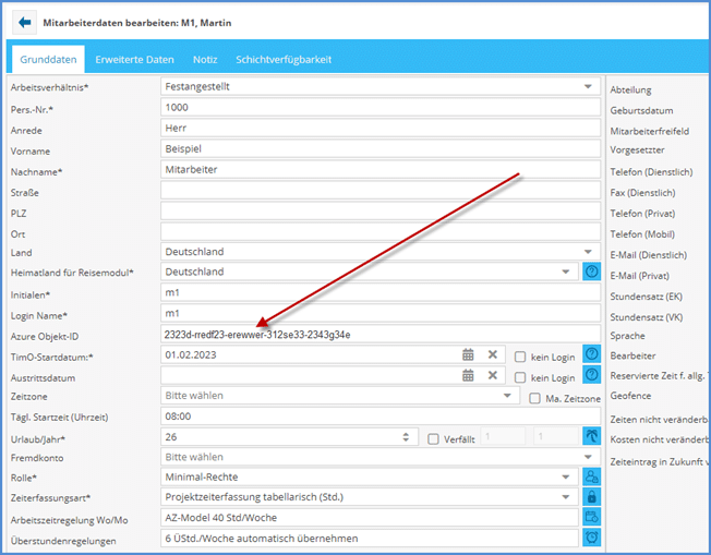 Eintragung von ID Entra Azure SSK Microsoft im TimO Mitarbeiterstamm