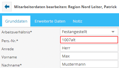 Stammdaten Mitarbeiter - Bearbeitung Personalnummer