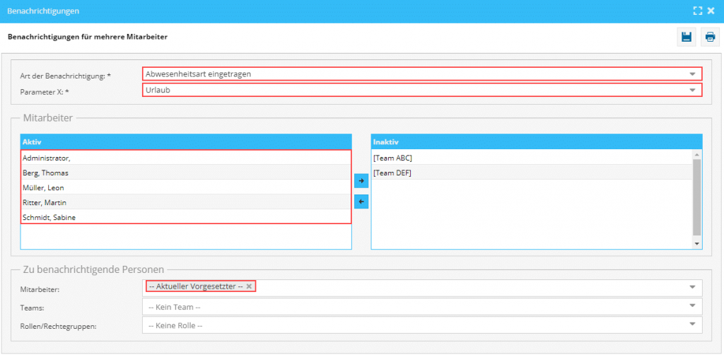 Das Bild zeigt die Einstellung einer Benachrichtigung im TimO-System mit unterschiedlichen Parametern und Auswahlmöglichkeiten.