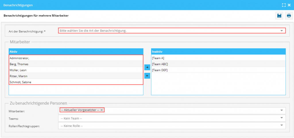 Im Bild sehen Sie die Maske im Programm TimO, um bestimmte E-Mail Benachrichtigungen im System zu hinterlegen.