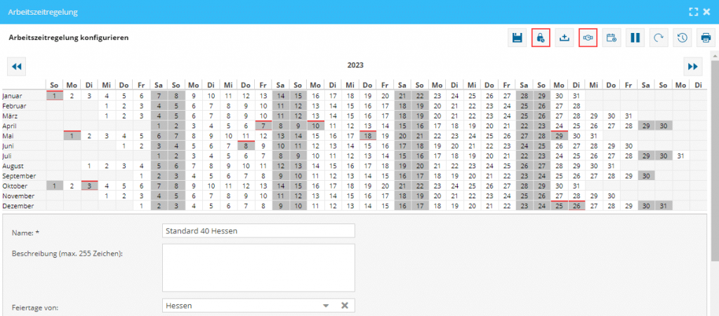 Das Bild zeigt die Arbeitszeitregelung im TimO-System. Hier können unterschiedliche Einstellungen für die Arbeitszeitregelungen getätigt werden.