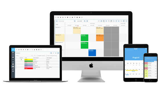 Moderne Dienstplan Software mit farbcodierter Schichtplanung auf mehreren Endgeräten.