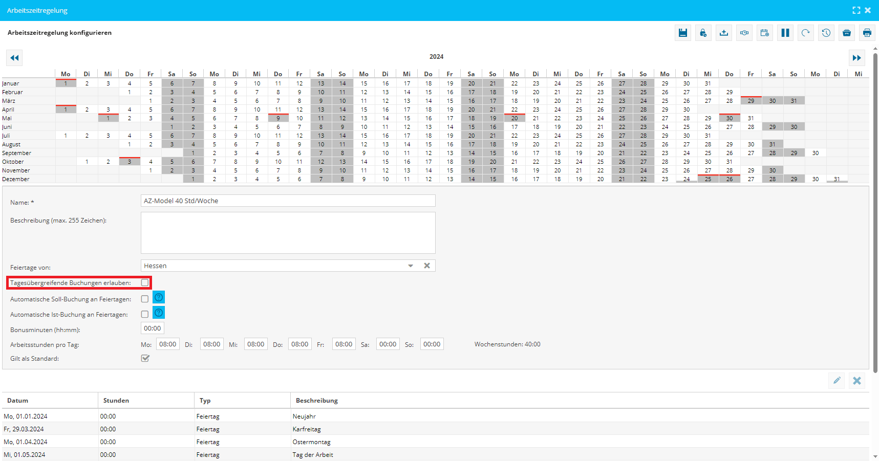 tagesübergreifende Arbeitszeitregelung und Konfiguration im timo system