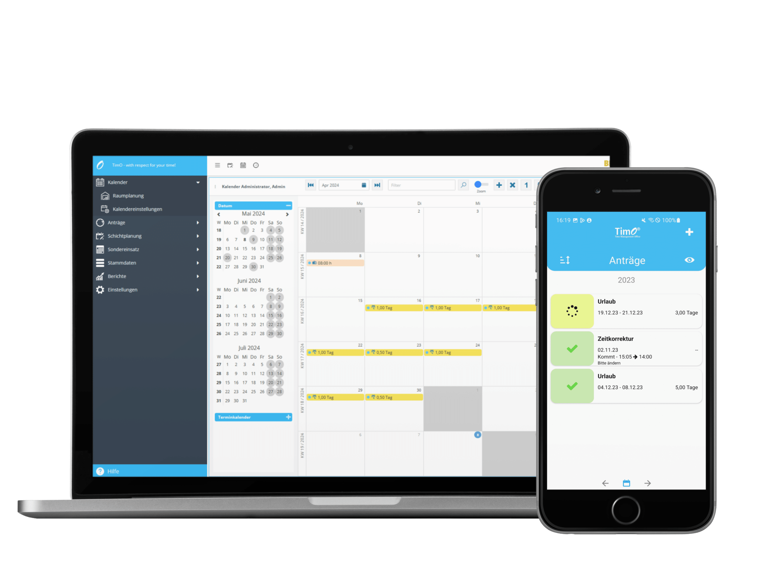 Laptop und ein Smartphone mit der Benutzeroberfläche der TimO®-Software zur Verwaltung von Abwesenheiten und Anträgen 