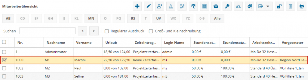 Im Bild sehen die Mitarbeiterstammdaten der Software TimO mit markiertem Eintrag "Mitarbeiter".