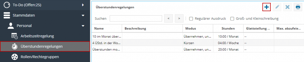 Das Bild zeigt die Überstundenregelung im Menü der Software TimO. Mit dem umrandeten Feld Hinzufügen.