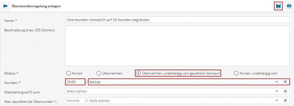 Das Bild zeigt die Einstellung der Überstundenregelung in der Software TimO. Mit unterschiedlichen umrandeten Feldern der Einstellungen der Regelungen.