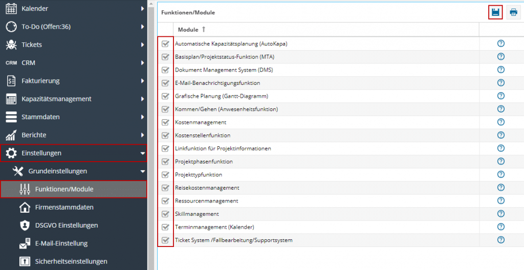 Das Bild zeigt die Funktionen und Modulübersicht im TimO-System. Hier können Module und Funktionen aktiviert und deaktiviert werden.