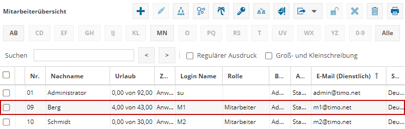 Das Bild zeigt die Mitarbeiter Stammdaten der Software TimO. Mit dem umrandeten Feld Mitarbeiter.