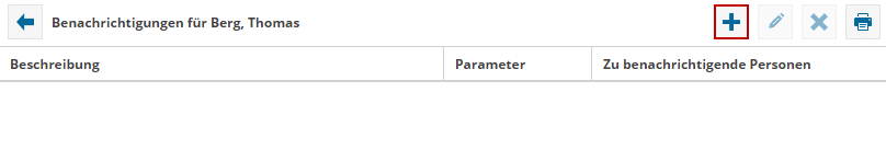 Das Bild zeigt die Übersicht der Benachrichtigungen eines Mitarbeiters der Software TimO. Das Feld "Hinzufügen" ist rot markiert.