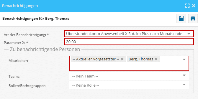 Das Bild zeigt die Einstellungsmöglichkeiten der Benachrichtigungen der Software TimO.
Die unterschiedlichen Felder für die Einstellungen sind rot markiert.