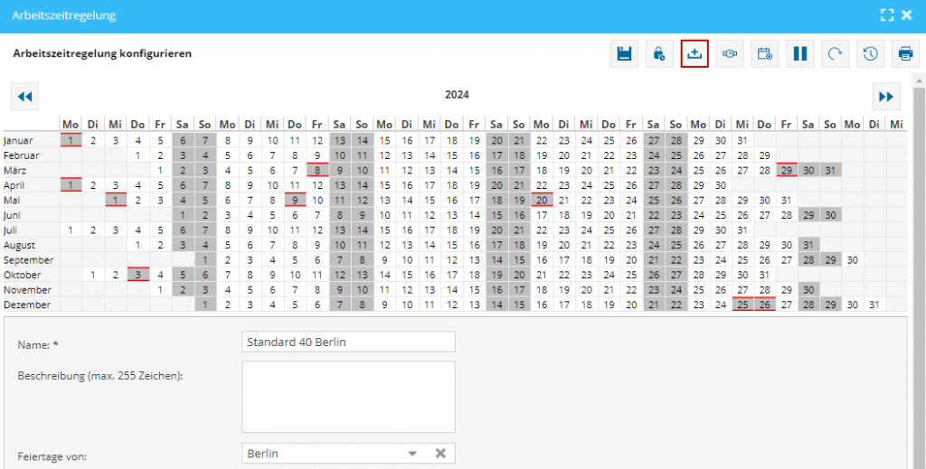 Das Bild zeigt die Einstellungen, einer geöffnete Arbeitszeitregelung in der Software TimO. Im Bild rot markiert ist die Schaltfläche "Zuschläge".