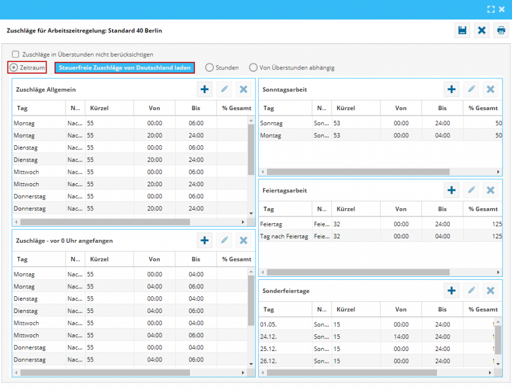 Das Bild zeigt die Einstellungen der Zuschläge, in einer geöffneten Arbeitszeitregelung in der Software TimO. Im Bild rot markiert ist die Schaltfläche "Zeitraum" und "Steuerfreie Zuschläge von Deutschland laden".