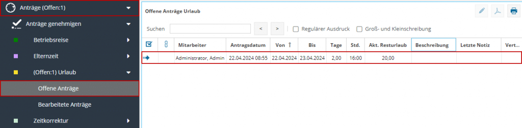 Das Bild zeigt die Antragsgenehmigung  für Abwesenheiten im TimO-System.