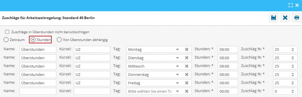 Das Bild zeigt die Einstellungen der Zuschläge, in einer geöffneten Arbeitszeitregelung in der Software TimO. Im Bild rot markiert ist die Schaltfläche "Stunden".