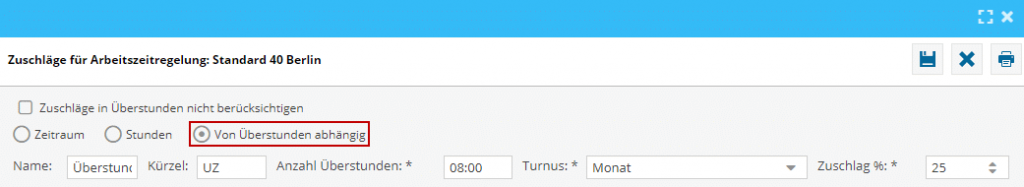 Das Bild zeigt die Einstellungen der Zuschläge, in einer geöffneten Arbeitszeitregelung in der Software TimO. Im Bild rot markiert ist die Schaltfläche "Von Überstunden abhängig".