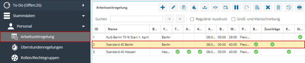 Das Bild zeigt die Arbeitszeitregelung in der Software TimO. Mit einer rot markierten einzelnen Arbeitszeitregelung.