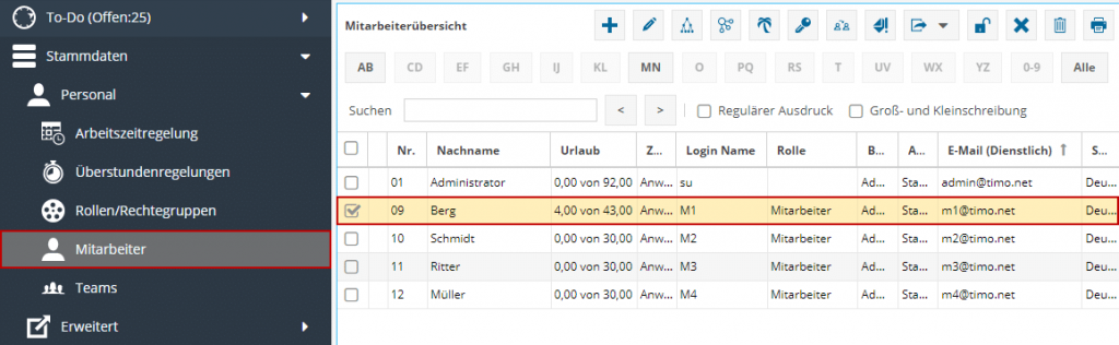 Das Bild zeigt die Stammdaten der Software TimO. Mit einem rot markierten ausgewählten Mitarbeiter und dem Menüeintrag "Mitarbeiter".