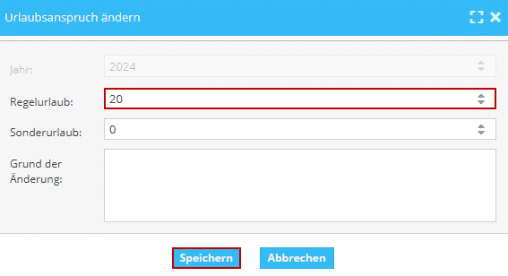 Das Bild zeigt das Fenster "Urlaubsanspruch ändern" der Software TimO mit dem rot markierten Feld "Regelurlaub".