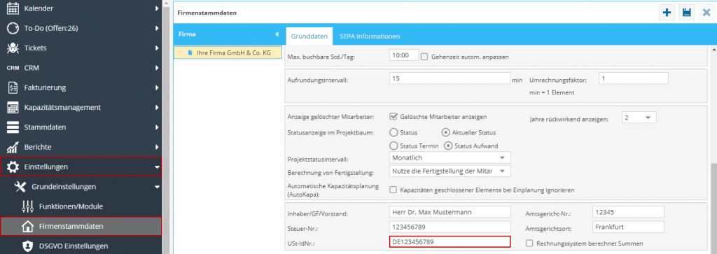 Das Bild zeigt die Software TimO mit den ausgewählten Menüeintrag Firmenstammdaten. Das Feld USt-IdNr. ist rot markiert.