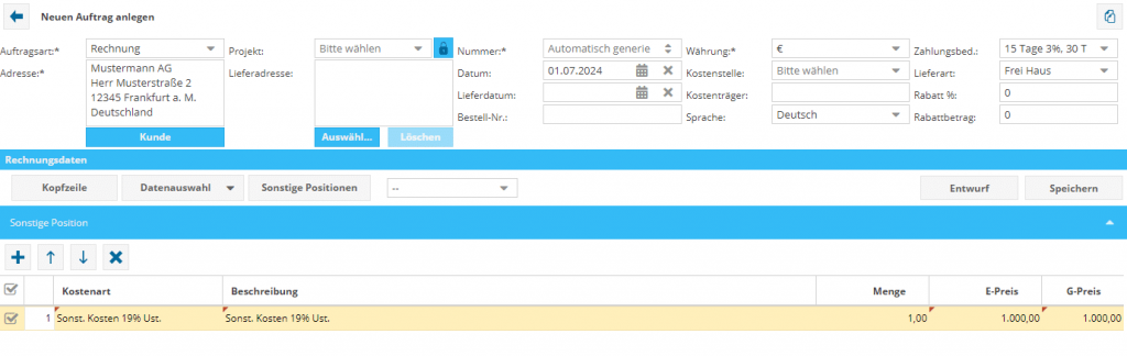 Das Bild zeigt die Auftragsanlage einer Rechnung mit angelegten Positionen der Software TimO.