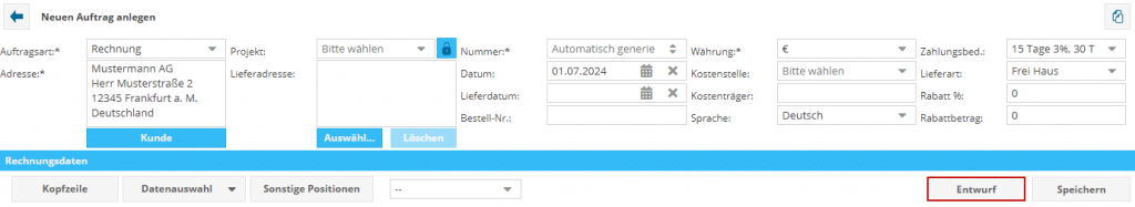 Das Bild zeigt die Auftragsanlage der Software TimO. Mit der markierten Schaltfläche "Entwurf".