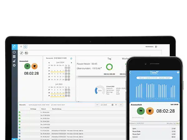 Eine Software zeigt Zeitbuchungen und Anwesenheitszeiten auf mehreren Geräten.
