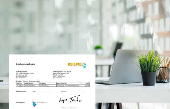 Ein digitaler Leistungsnachweis wird vor einem modernen Büro auf einem Bildschirm dargestellt.