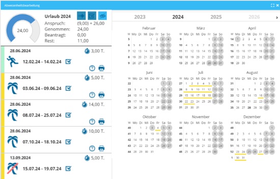 Screenshot einer Dienstplan-Software mit einer Urlaubsübersicht und farblich markierten Abwesenheiten im Kalender.