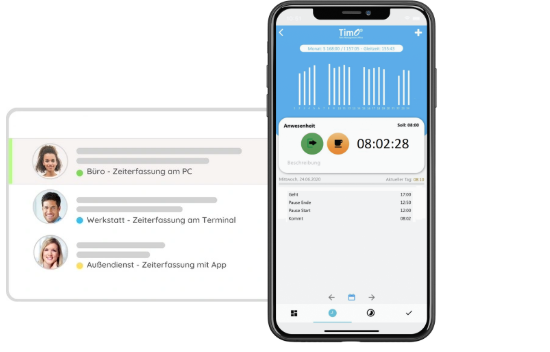Zeiterfassungs-App auf einem Smartphone mit grafischen Auswertungen und Zeitbuchungsdetails.