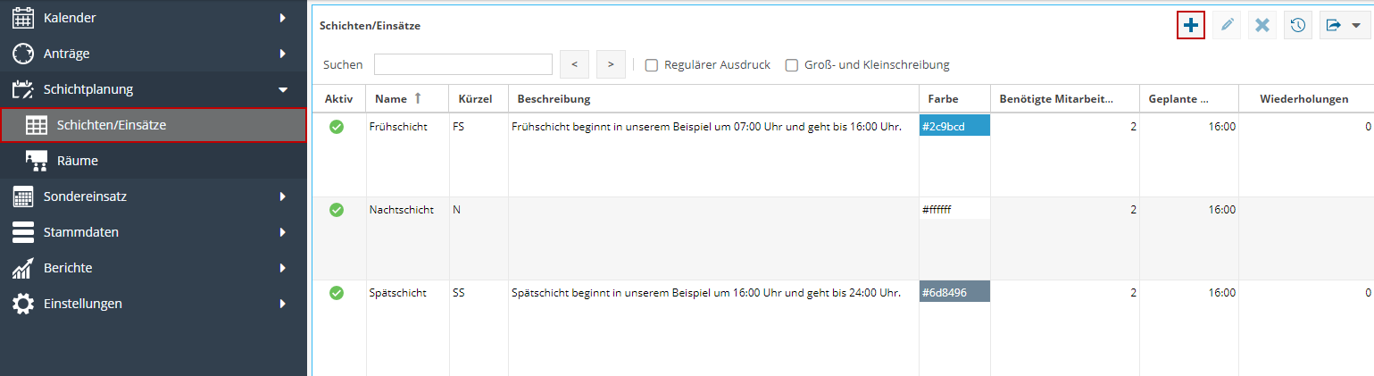 Im Schichtplaner werden die Frühschichtzeiten für Montag bis Freitag sowie Einsatzdetails angezeigt.