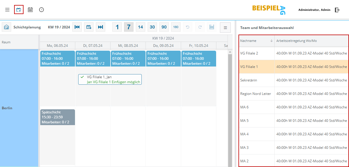 Übersicht im Schichtplaner mit Arbeitszeitmodellen und zugewiesenen Schichten für Teammitglieder.