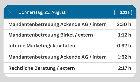 Übersicht erfasster Arbeitszeiten pro Mandant in einer Zeiterfassung für Kanzleien
