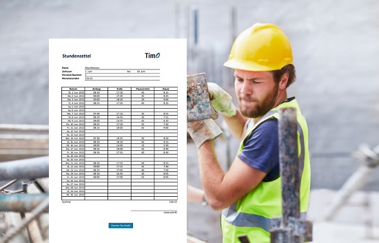 Stundenzettel zeigt die erfassten Arbeitszeiten und Zuschläge eines Bauarbeiters auf der Baustelle