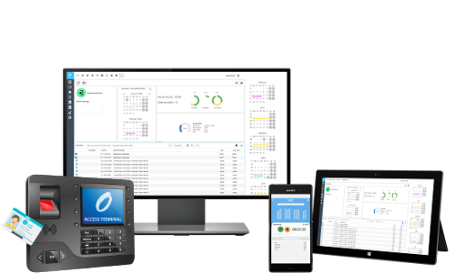 Zeiterfassung online auf mehreren Geräten: Desktop, mobile App und Terminal für flexible Zeiterfassung.