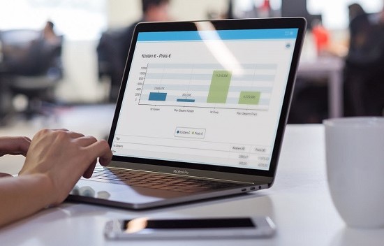 Bildschirm eines Laptops mit Projektcontrolling Software, die Preis-Kosten-Vergleich in einem Diagramm darstellt