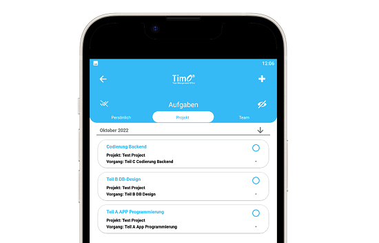 Aufgabenübersicht für Projektmanagement auf einem Smartphone mit der Timo Projektcontrolling Software